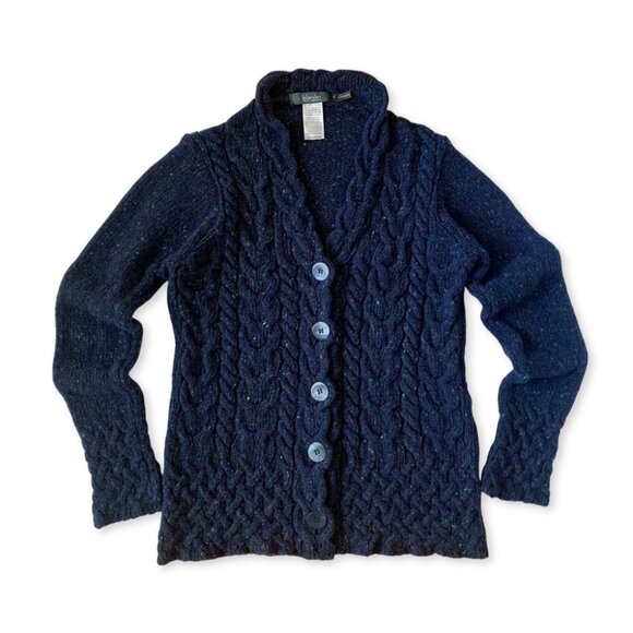 Irelands Eye Islander Wool Cashmere Horseshoe Cable Knit Cardigan Navy Blue Cozy - Picture 7 of 12